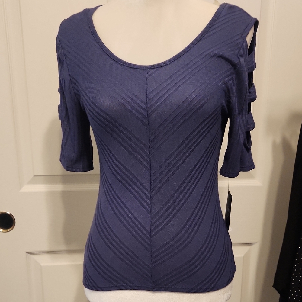 by & by Navy Women's Blouse with Cutout Sleeves